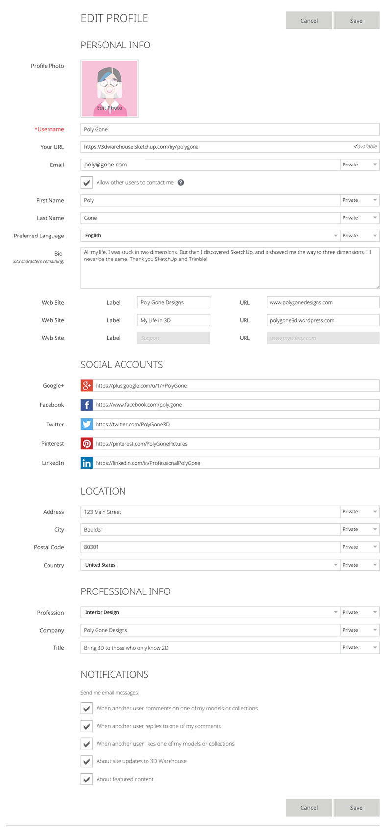 You can fill out your 3D Warehouse profile on the Edit Profile page