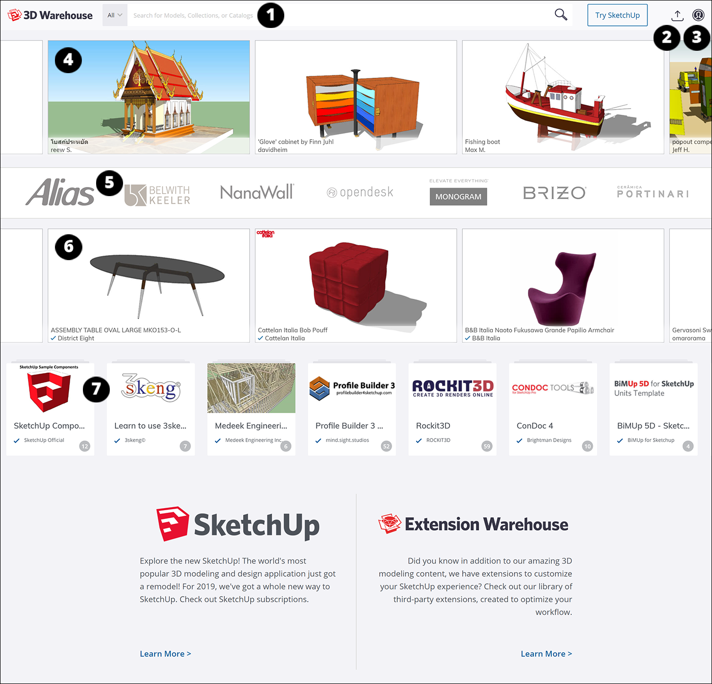 From the main page of 3D Warehouse, you can search for SketchUp models and materials based on keywords, brands, and more