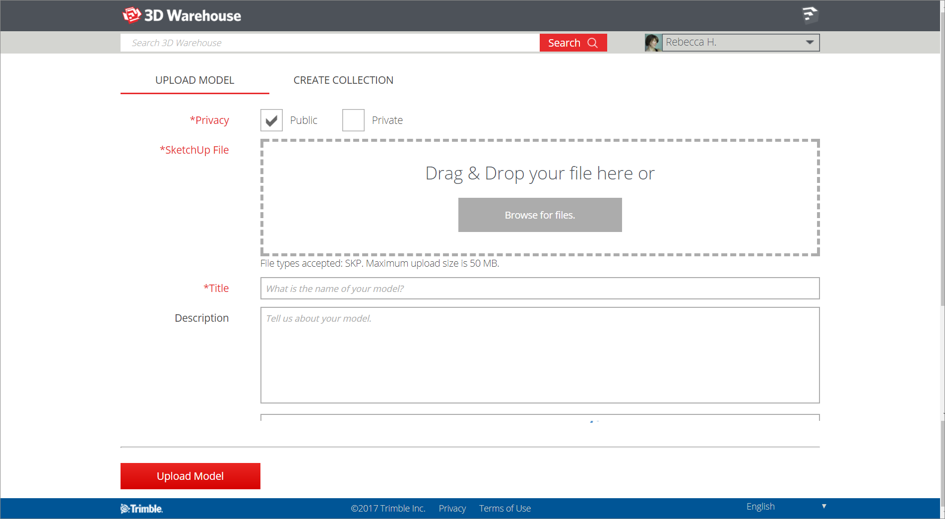 From a web browser, you can upload a model to 3D Warehouse