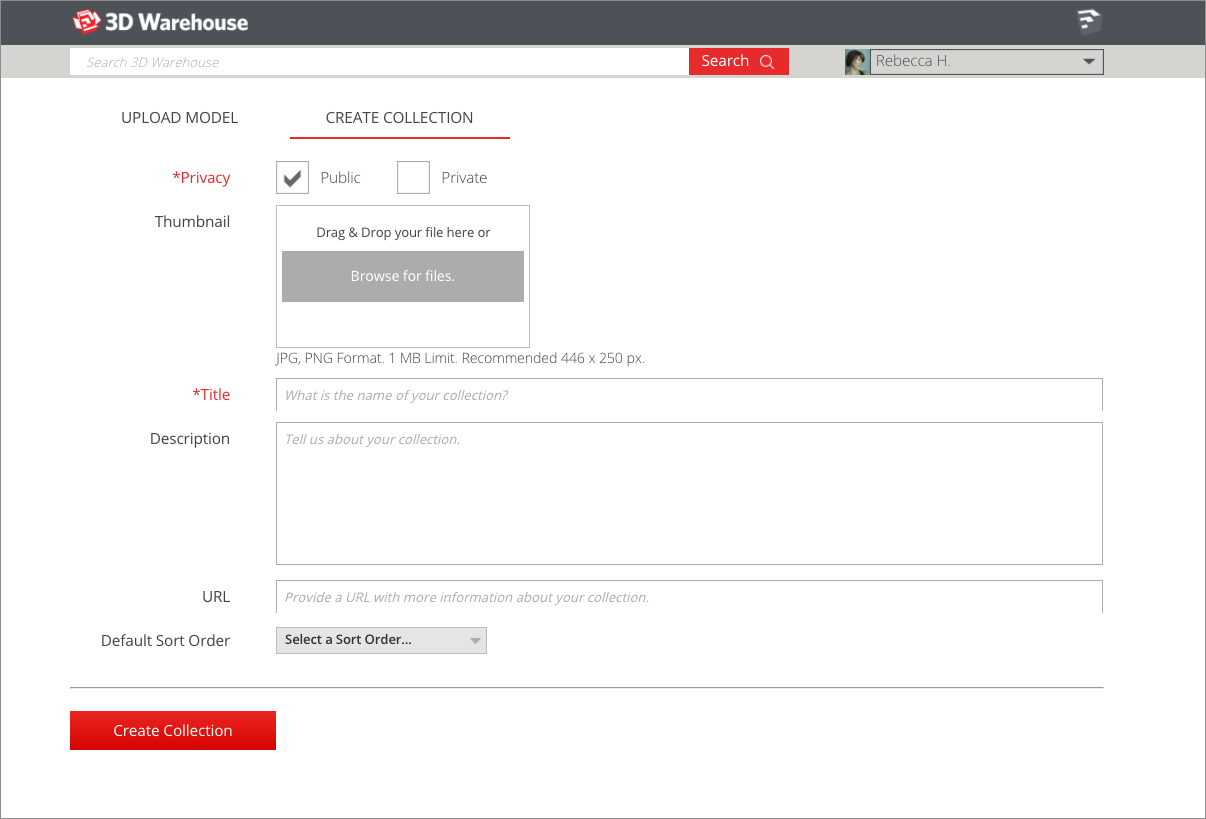 Start a new collection in 3D Warehouse on the Create a Collection page