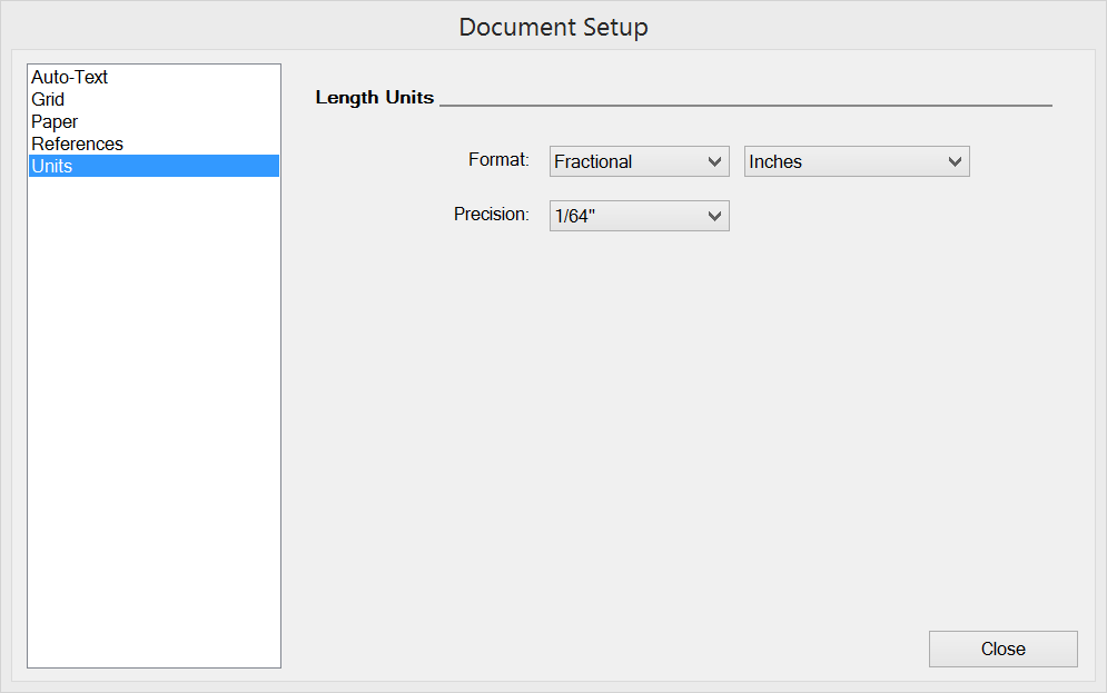 The Units settings in the Microsoft Windows Document Setup dialog box