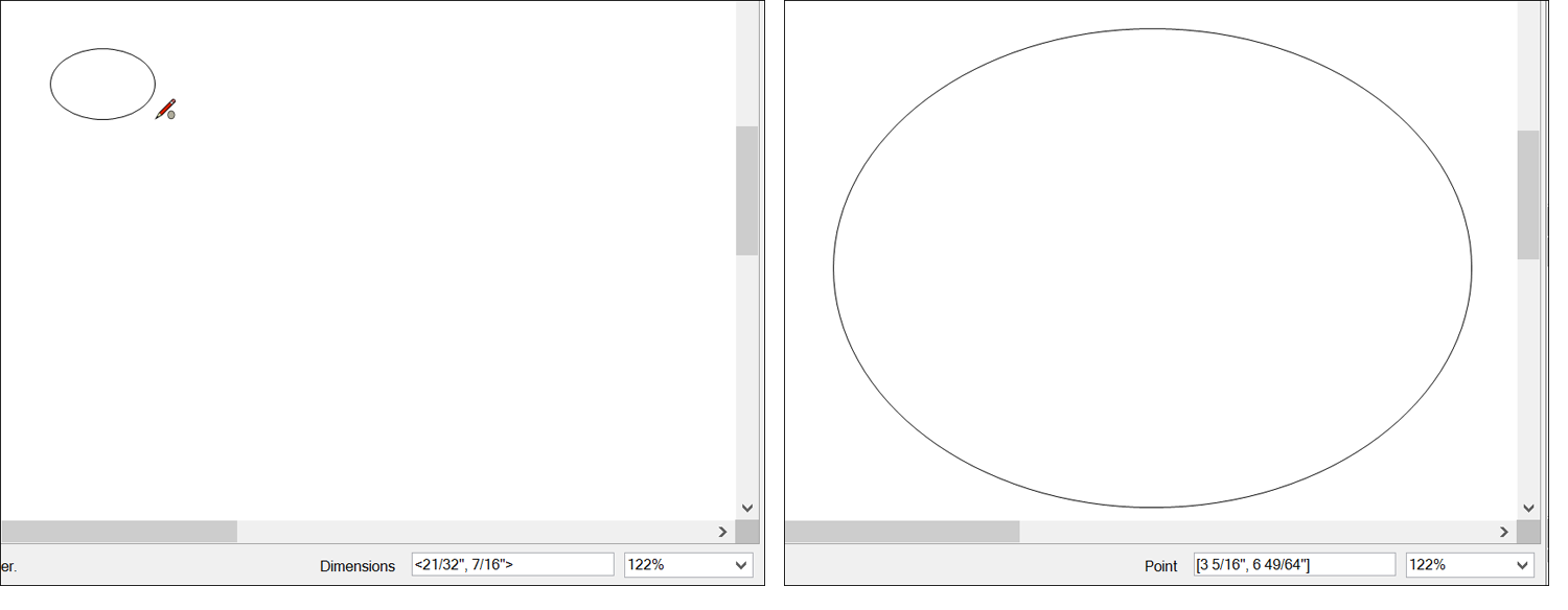 When you enter precise dimensions to size an ellipse in LayOut, the placement of the cursor affects the dimensions' direction