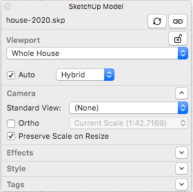 Saat entitas model SketchUp Anda menampilkan tampilan ortografis di Layout, tombol Ortho di panel Model SketchUp akan disorot.