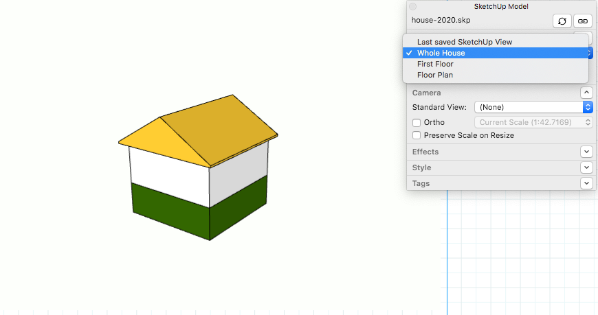 In layouts sketchup model panel, select a scene from the drop-down list.