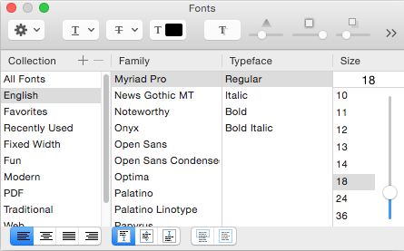 On Mac OS X, LayOuts text formatting options in the Fonts dialog box.