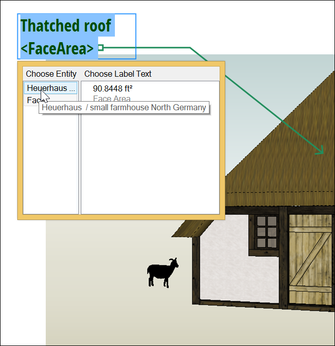 In LayOut, double-click a labels text box to edit Auto-Text imported from a SketchUp model entity.