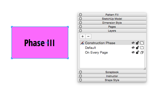 Select content in the LayOut drawing area, and a blue dot in the Layers panel tells you on what layer the content appears.