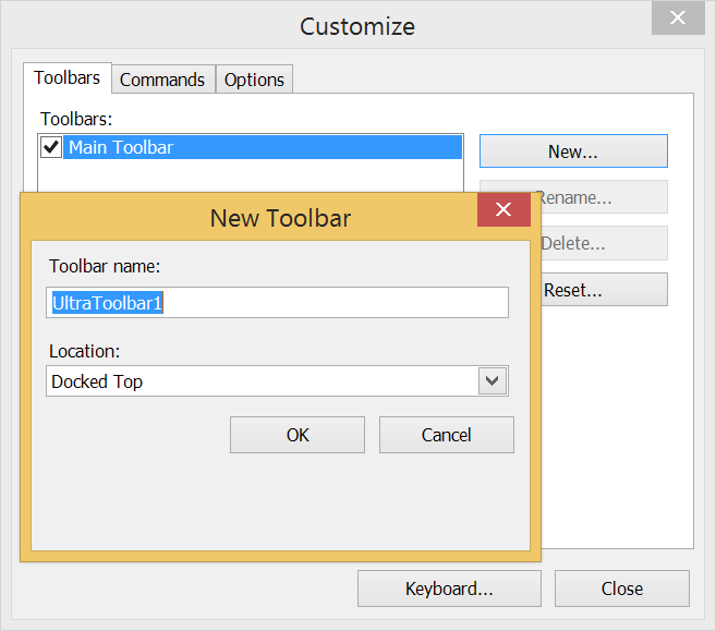 En LayOut, asigna un nombre a la nueva barra de herramientas en el cuadro de diálogo New Toolbar (Nueva barra de herramientas).