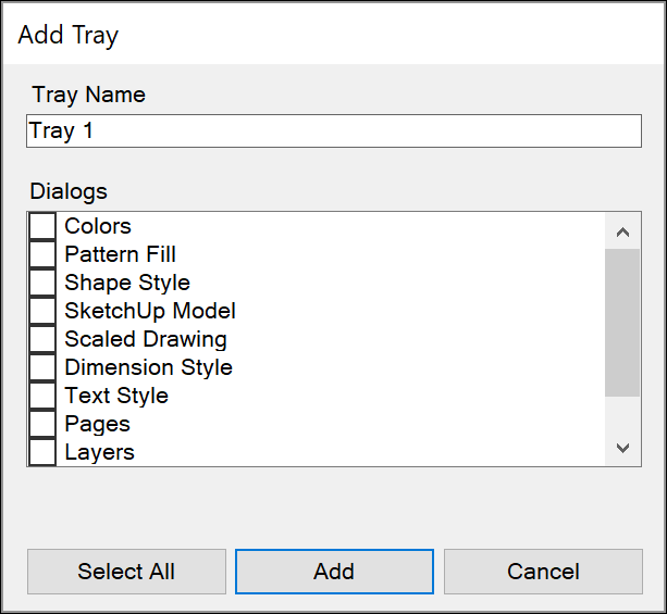 The Add Tray dialog box