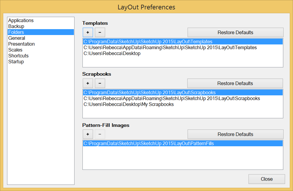 You can manage LayOuts default folders for templates, scrapbooks, and pattern-fill images.