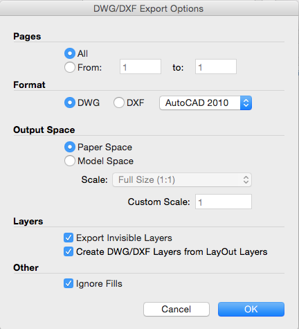 A caixa de diálogo Opções de exportação de DWG/DXF do LayOut no Mac OS X