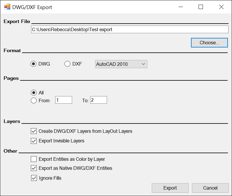 Com a caixa de diálogo Exportar DWG/DXF do LayOut, é possível escolher opções para os arquivos exportados.