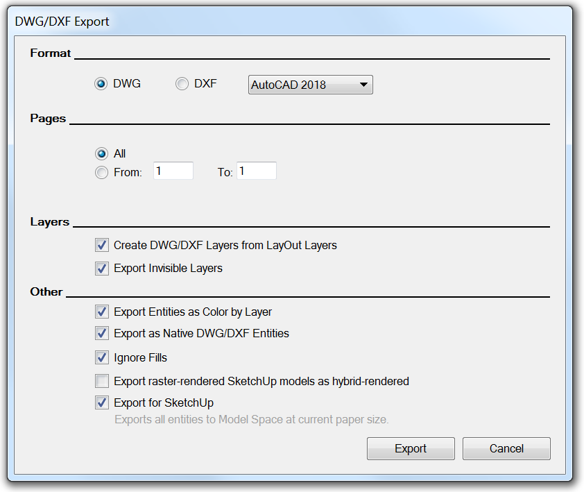 LayOuts DWG/DXF Export dialog box enables you to select options for exported files.