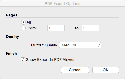 A caixa de diálogo Opções de exportação de PDF do LayOut no Mac OS X