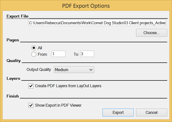 LayOuts PDF Export Options dialog box for Microsoft Windows
