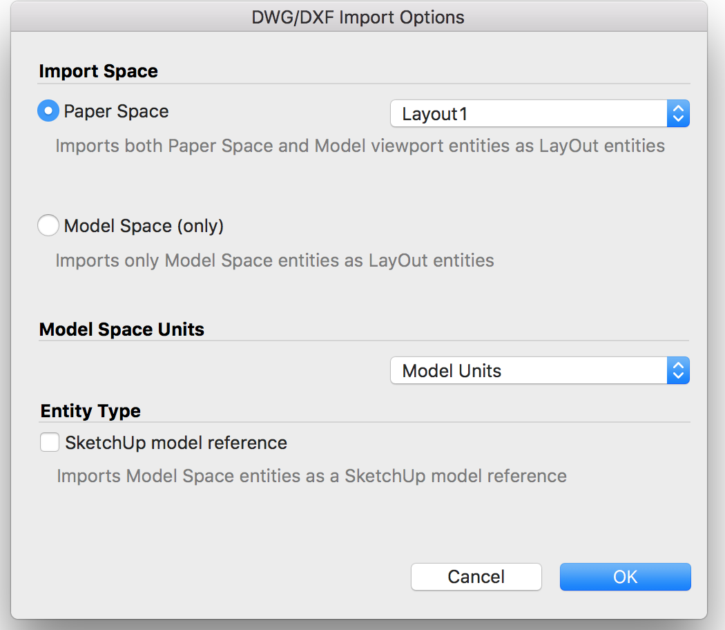 To import cad files in layout, select options in the dwg/dxf import options dialog box