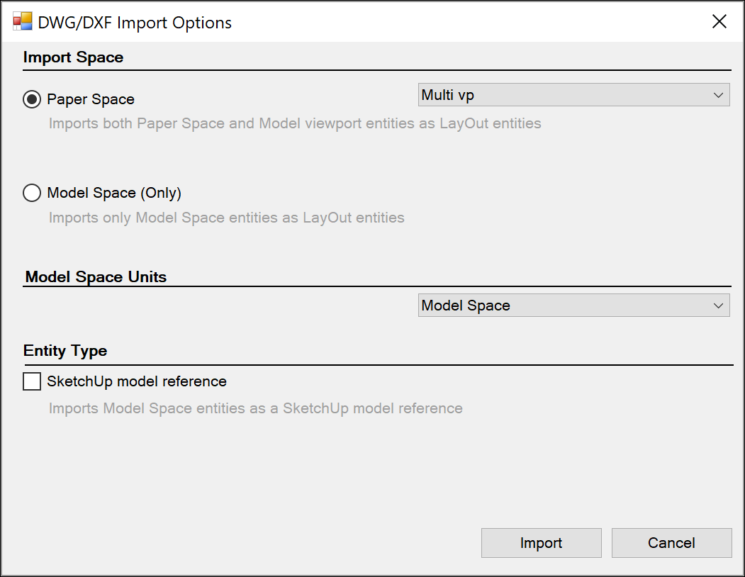 To import cad files in layout, select options in the dwg/dxf import options dialog box