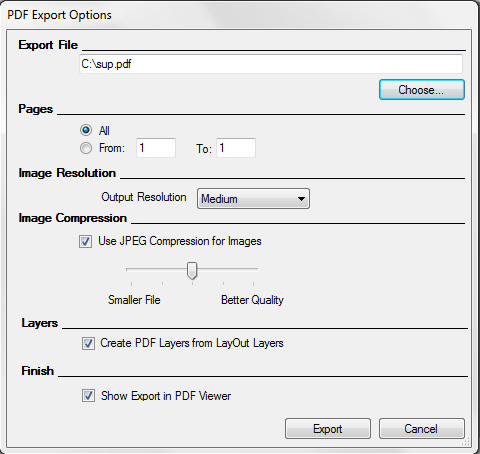 LayOuts PDF Export Options dialog box for Microsoft Windows