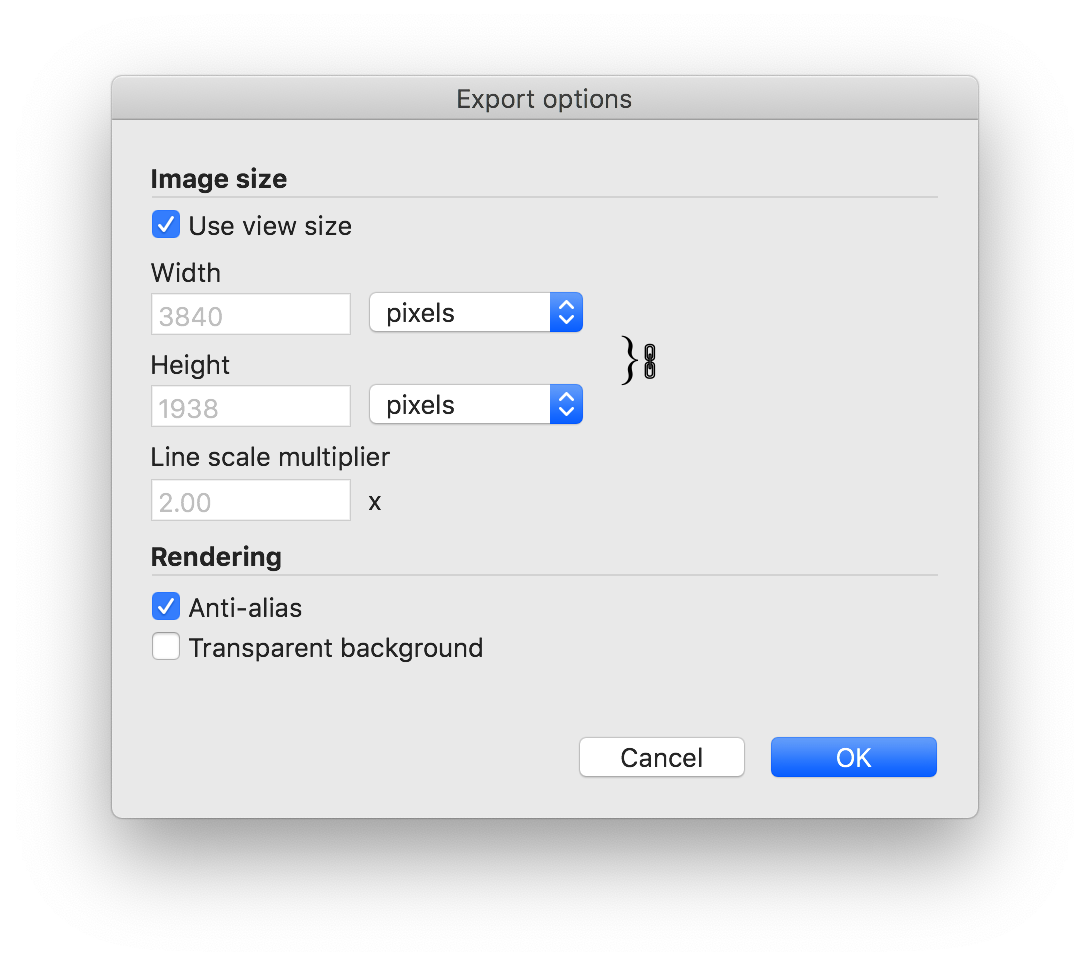 Cuadro de diálogo Opciones de exportación de Imagen de SketchUp para archivos PNG y TIFF en Microsoft Windows
