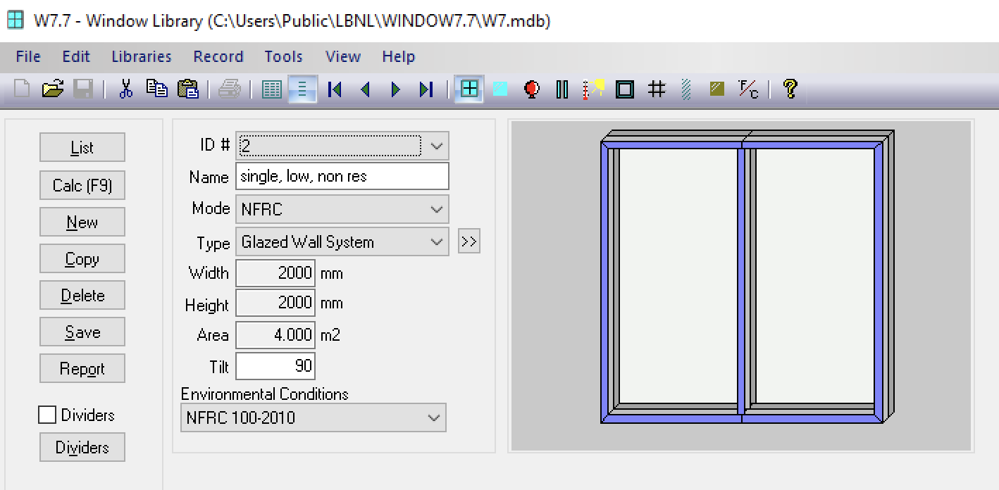 Screenshot from LBNL Windows 7.7 software used to calculate assembly values.