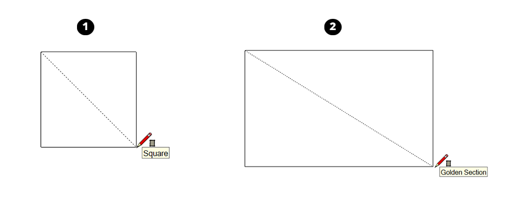 在SketchUp中繪製矩形時，推理引擎會告訴您矩形是正方形還是黃金分割