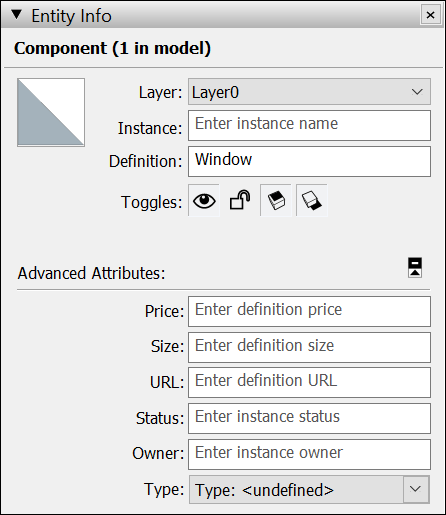 Entity Info for a SketchUp component showing status and owner fields as well as advanced attributes