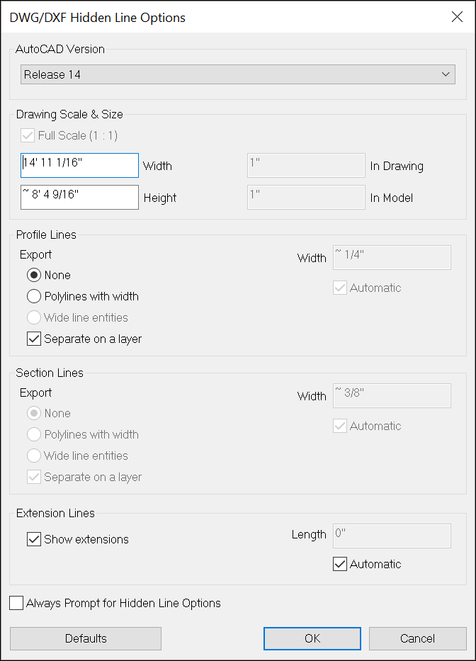 Opzioni delle linee per l'esportazione di un file CAD in 2D da SketchUp per Microsoft Windows