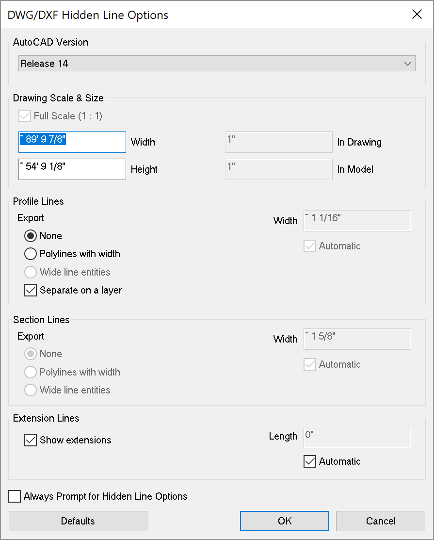 Line options for exporting a 2D CAD file from SketchUp for Microsoft Windows