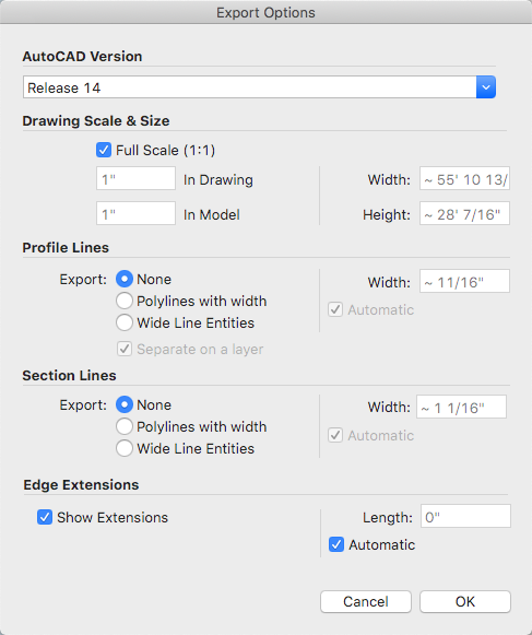 Line options for exporting a 2D CAD file from SketchUp for Mac OS X