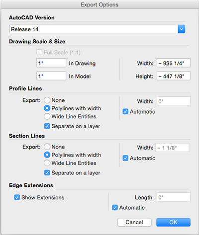 Volby čáry pro export 2D souboru CAD z aplikace SketchUp pro Mac OS X