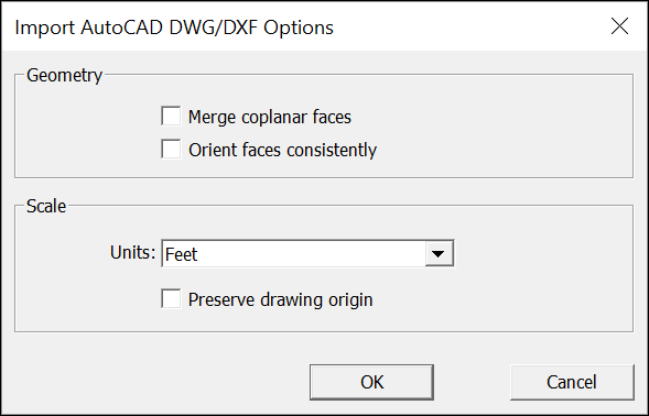 Volby importu CAD aplikace SketchUp Pro pro Microsoft Windows