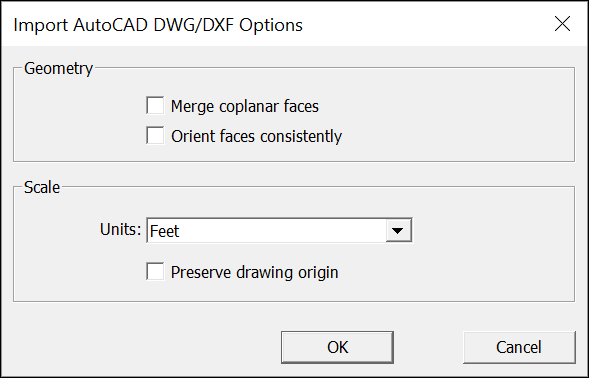 Import geometry. Options AUTOCAD. Autovad dwg/DXF Import options. AUTOCAD options change language. Import failed.