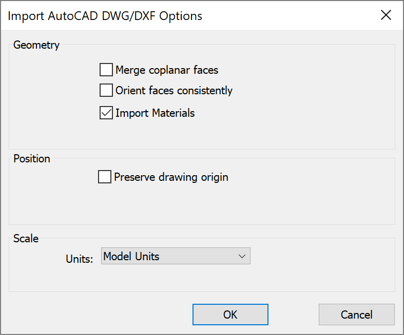 Opções de importação de CAD do SketchUp Pro para Microsoft Windows
