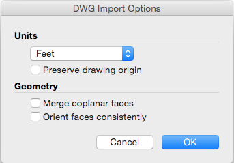 Opções de importação de CAD do SketchUp Pros para Mac OS X