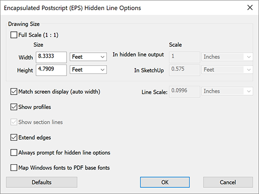 Caixa de diálogo Opções de linha oculta para EPS e PDF no Windows