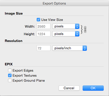 SketchUps Export Options dialog box for EPix in Mac OS X