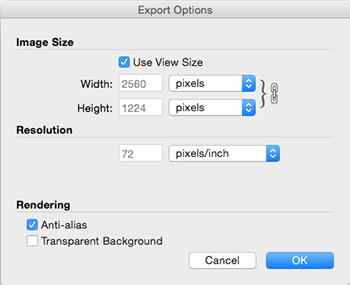 SketchUps Export Options dialog box for PNG and TIFF files in Mac OS X