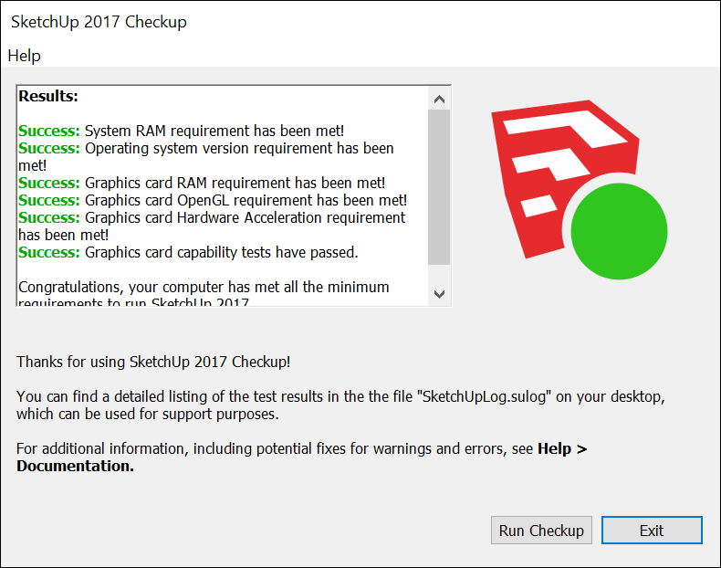 Aplikace SketchUp Checkup vám pomůže určit, zda váš systém splňuje systémové požadavky aplikace SketchUp