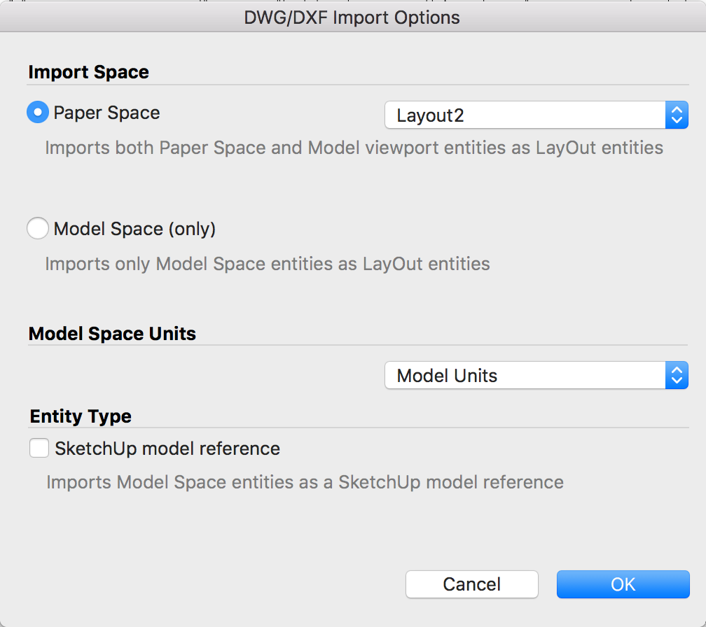 LayOut’s DWG/DXF Import dialog