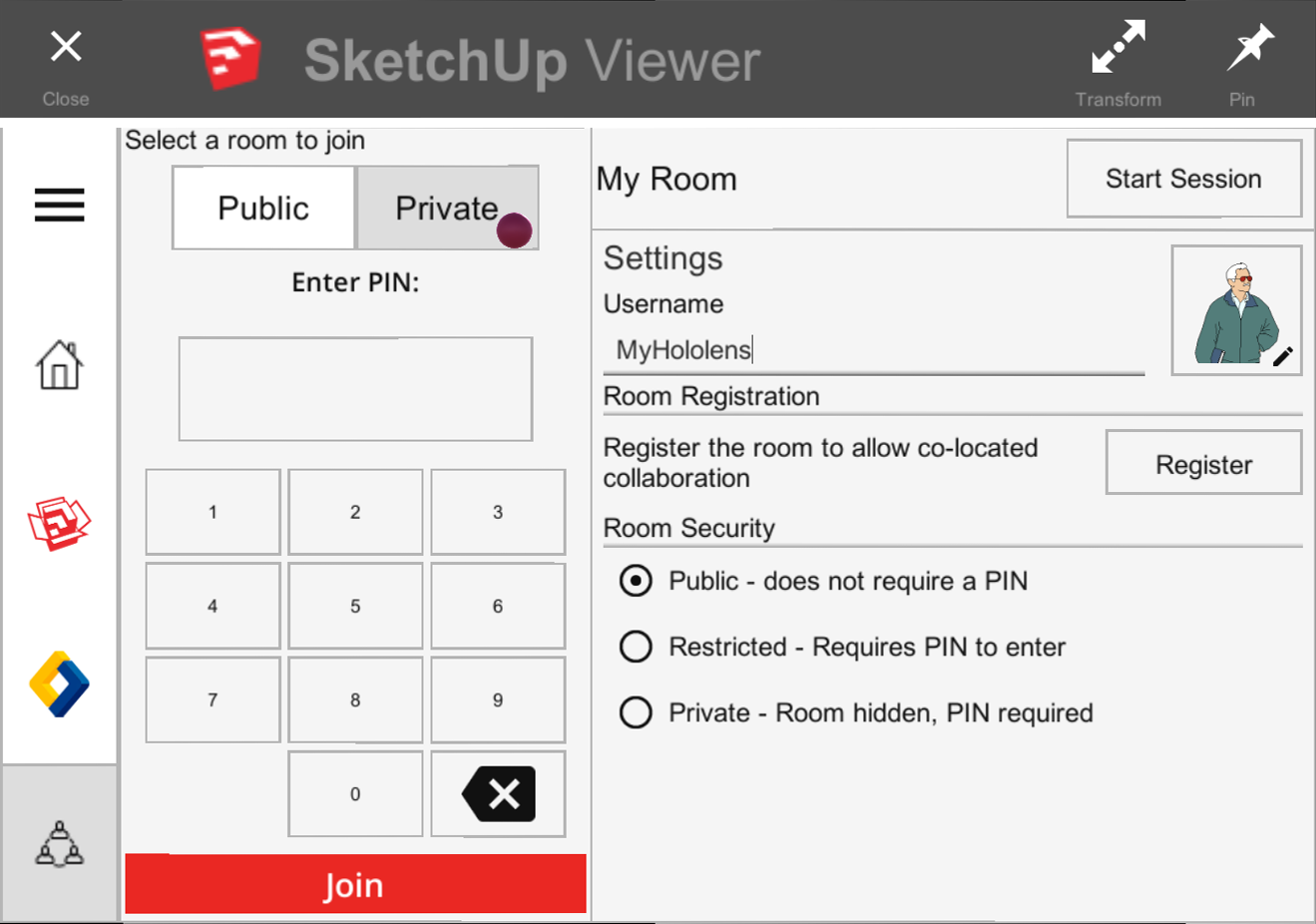 You can join a public or private collaboration room in SketchUp Viewer for HoloLens