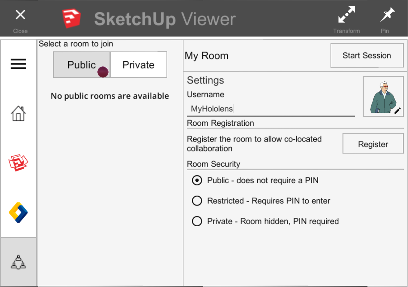 SketchUp Viewer for HoloLens enables you to edit your user name and avatar for a collaboration room